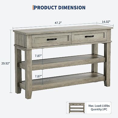IDEALHOUSE Gray Farmhouse 3-Tier Console Table with 2 Drawers