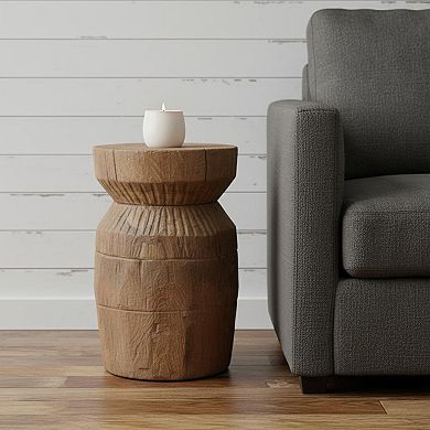 HomeRoots 19" Natural Distressed Reclaimed Wood Round Drum End Table