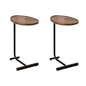 HomeRoots Set of Two Brown and Black Wood and Metal Oval End Tables