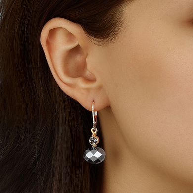 1928 Gold Tone Rondell Bead & Crystal Drop Leverback Earrings