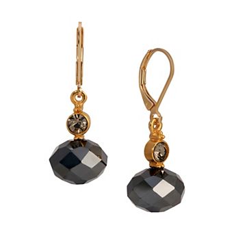 1928 Gold Tone Rondell Bead & Crystal Drop Leverback Earrings