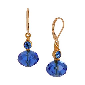 1928 Gold Tone Rondell Bead & Crystal Drop Leverback Earrings