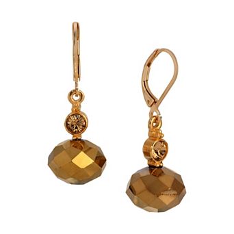 1928 Gold Tone Rondell Bead & Crystal Drop Leverback Earrings