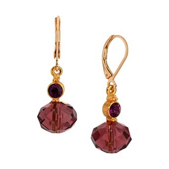 1928 Gold Tone Rondell Bead & Crystal Drop Leverback Earrings
