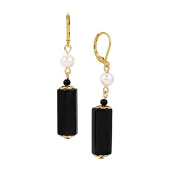 1928 Gold Tone Simulated Pearl & Simulated Stone Dangling Earrings