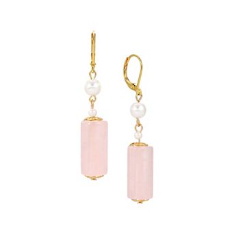 1928 Gold Tone Simulated Pearl & Simulated Stone Dangling Earrings