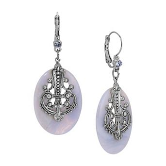 1928 Silver Tone Oval Simulated Stone Filigree Drop Leverback Earrings