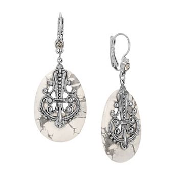 1928 Silver Tone Oval Simulated Stone Filigree Drop Leverback Earrings