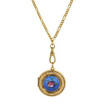 1928 Gold Tone Decal Flower Locket Pendant Necklace