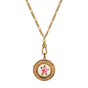 1928 Gold Tone Decal Flower Locket Pendant Necklace