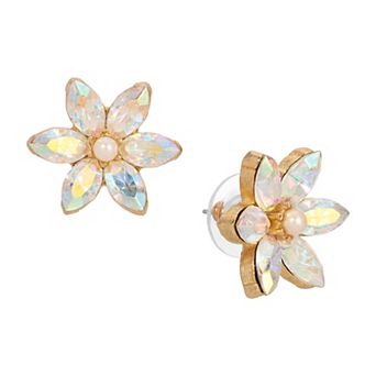 1928 Gold Tone Crystal & Simulated Pearl Flower Stud Earrings