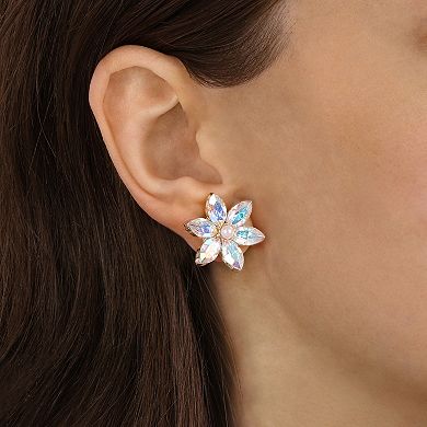 1928 Gold Tone Crystal & Simulated Pearl Flower Stud Earrings