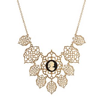 1928 Gold Tone Filigree & Black Cameo Necklace