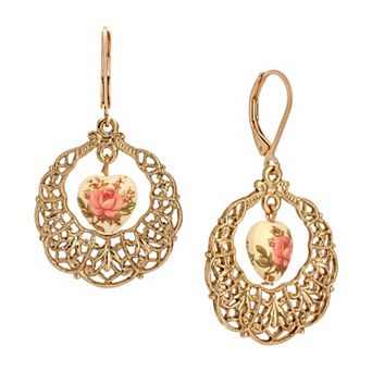 1928 Gold Tone Floral Heart Filigree Drop Earrings
