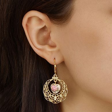 1928 Gold Tone Floral Heart Filigree Drop Earrings