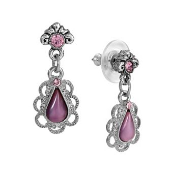 1928 Silver Tone Purple Teardrop Post Earrings