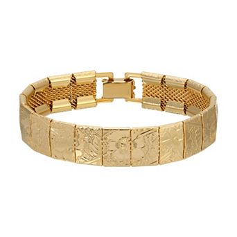 1928 Gold Tone Flower Etched Bracelet