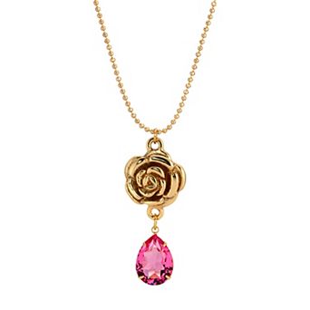 1928 Gold Tone Flower Pendant & Pink Glass Teardrop Necklace
