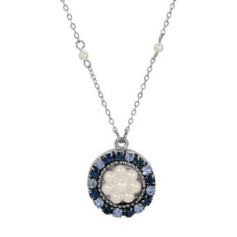 1928 Silver Tone Simulated Stone & Simulated Pearl Pendant Necklace