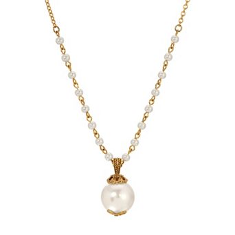 1928 Gold Tone Round Simulated Pearl Bead Drop Necklace