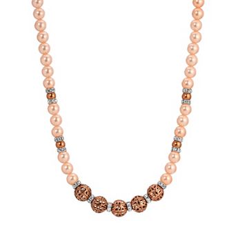 1928 Copper Tone Multi-Color Simulated Pearl & Filigree Bead Necklace