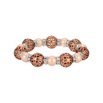 1928 Copper Tone Multi-Color Simulated Pearl & Filigree Bead Stretch Bracelet