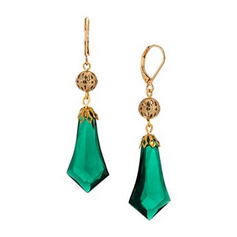 1928 Gold Tone Green Drop Leverback Earrings