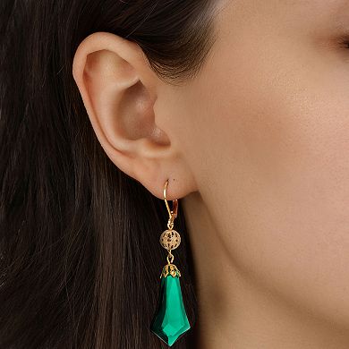 1928 Gold Tone Green Drop Leverback Earrings