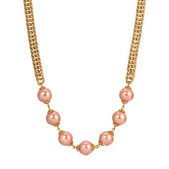 1928 Gold Tone Pink Simulated Pearl Bead Necklace
