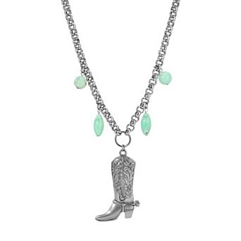 1928 Silver Tone Simulated Stone Beaded Cowboy Boot Pendant Necklace