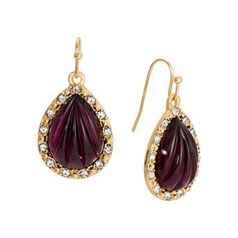 1928 Gold Tone Purple Fluted Teardrop Earrings