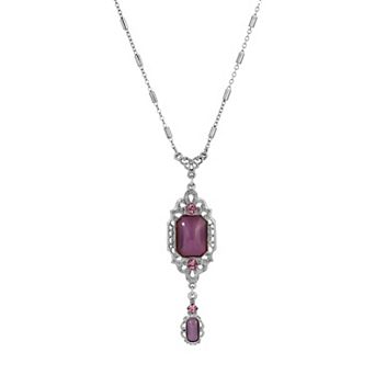 1928 Silver Tone Rectangle Purple Pendant Necklace