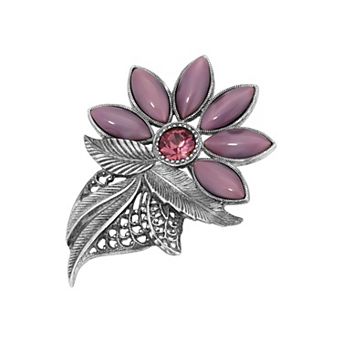 1928 Silver Tone Oval Purple Moonstone Flower Brooch