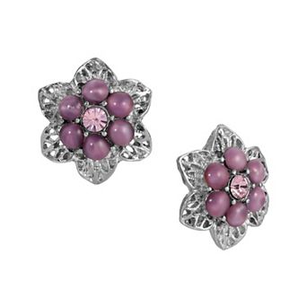 1928 Silver Tone Purple Flower Stud Earrings