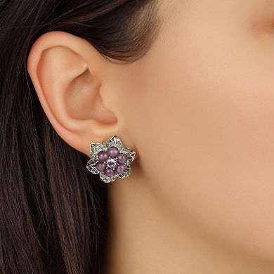 1928 Silver Tone Purple Flower Stud Earrings