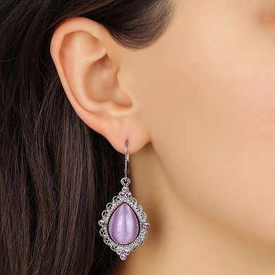 1928 Silver Tone Purple Moonstone Teardrop Earrings