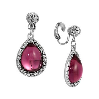 1928 Silver Tone Purple Teardrop Clip-On Earrings