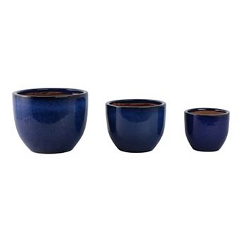 Round Ceramic Flower Pots with Drainage Holes - Indoor and Outdoor - Set of 2, 9", 6" Blue