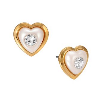 1928 Gold Tone Simulated Pearl Heart Crystal Stud Earrings