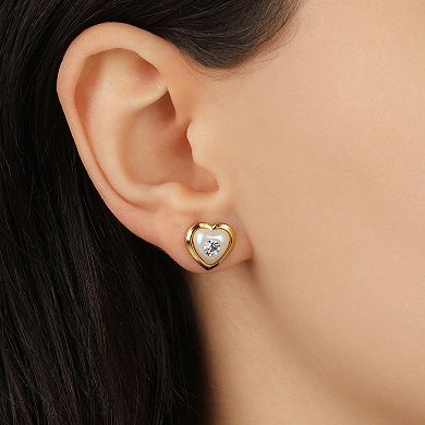 1928 Gold Tone Simulated Pearl Heart Crystal Stud Earrings