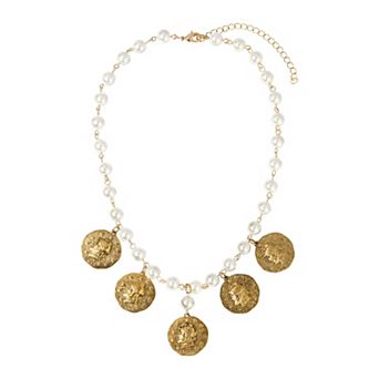 1928 Gold Tone Coin & White Simulated Pearl Bead Chain Necklace