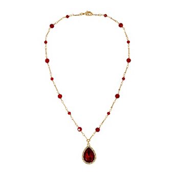 1928 Gold Tone Red Teardrop Bead Chain Necklace