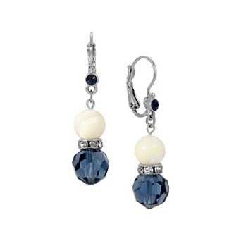 1928 Silver Tone Mother-of-Pearl & Blue Bead Drop Earrings