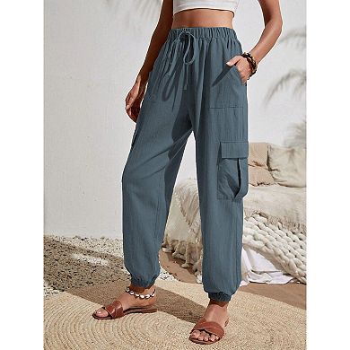 Women's Cargo Pants High Waist Drawstring Casual Loose Wide Leg Pants with Pockets