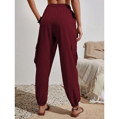 Women's Cargo Pants High Waist Drawstring Casual Loose Wide Leg Pants with Pockets