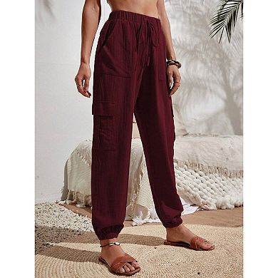 Women's Cargo Pants High Waist Drawstring Casual Loose Wide Leg Pants with Pockets