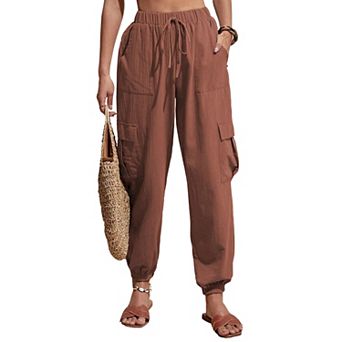 Women's Cargo Pants High Waist Drawstring Casual Loose Wide Leg Pants with Pockets
