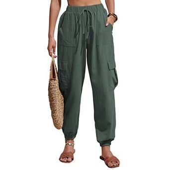 Women's Cargo Pants High Waist Drawstring Casual Loose Wide Leg Pants with Pockets