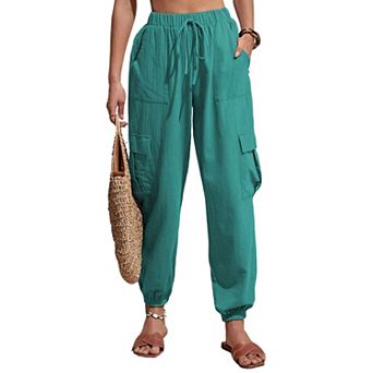 Women's Cargo Pants High Waist Drawstring Casual Loose Wide Leg Pants with Pockets