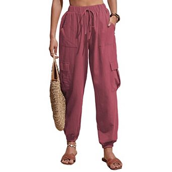Women's Cargo Pants High Waist Drawstring Casual Loose Wide Leg Pants with Pockets